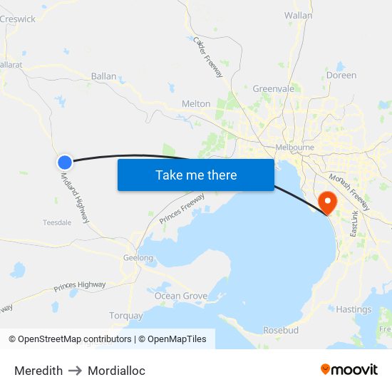 Meredith to Mordialloc map