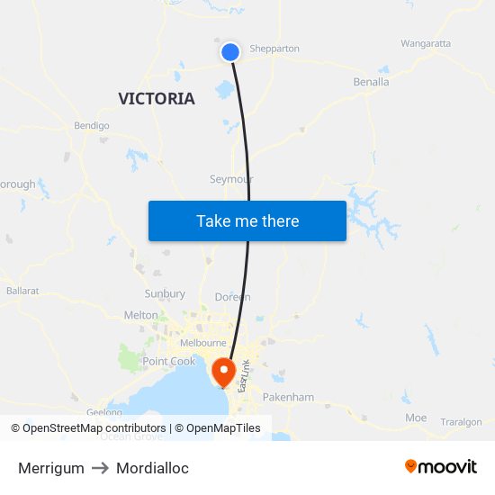 Merrigum to Mordialloc map