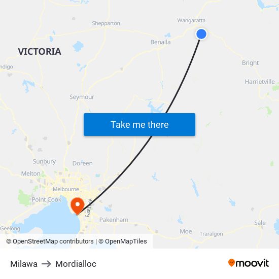Milawa to Mordialloc map