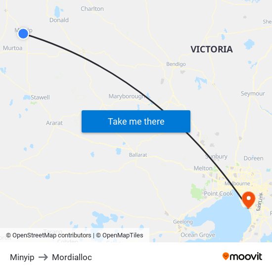 Minyip to Mordialloc map