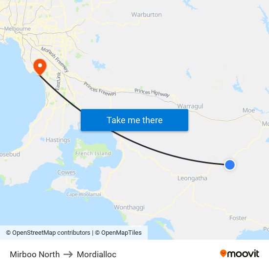 Mirboo North to Mordialloc map