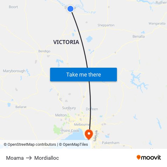 Moama to Mordialloc map