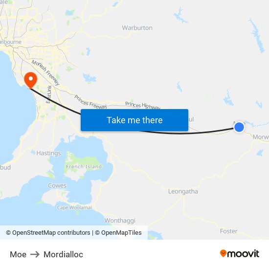 Moe to Mordialloc map