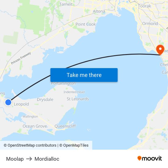 Moolap to Mordialloc map