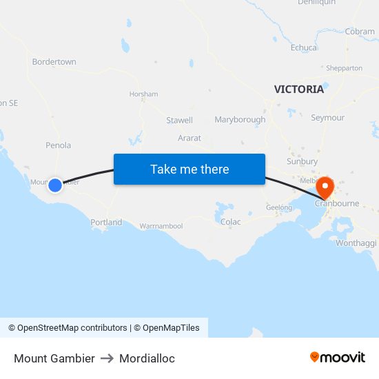 Mount Gambier to Mordialloc map