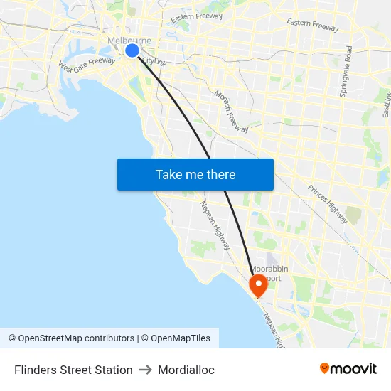 Flinders Street Station to Mordialloc map