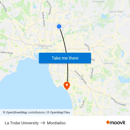 La Trobe University to Mordialloc map