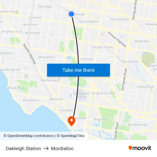 Oakleigh Station to Mordialloc map