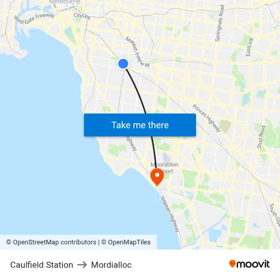 Caulfield Station to Mordialloc map