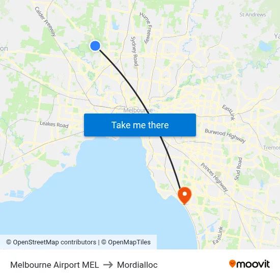 Melbourne Airport MEL to Mordialloc map