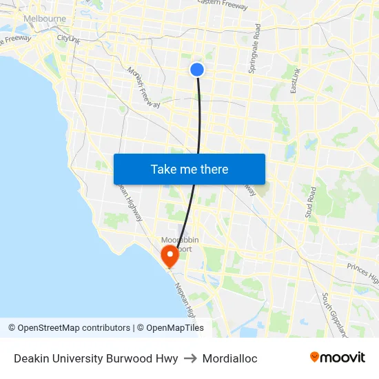 Deakin University Burwood Hwy to Mordialloc map