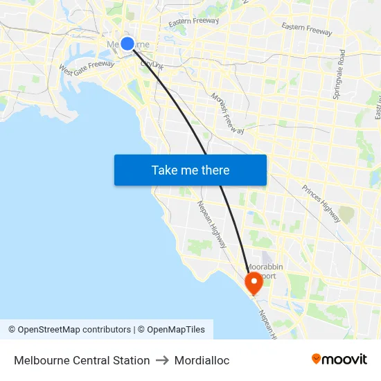 Melbourne Central Station to Mordialloc map