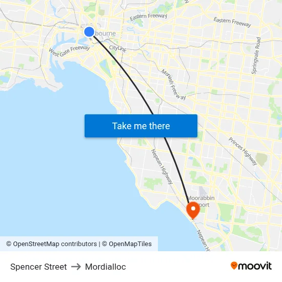 Spencer Street to Mordialloc map