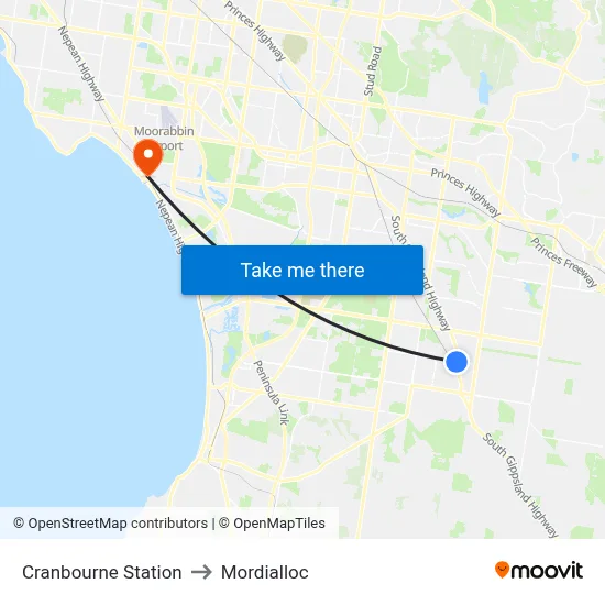 Cranbourne Station to Mordialloc map