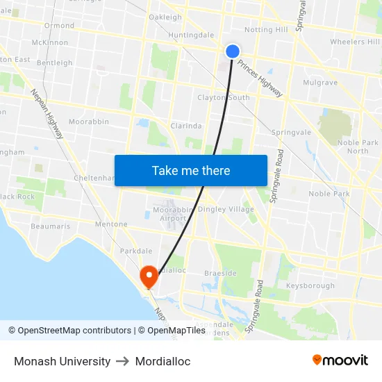 Monash University to Mordialloc map