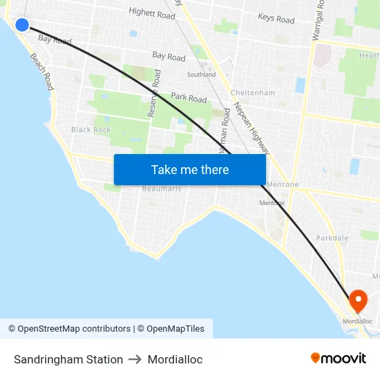 Sandringham Station to Mordialloc map