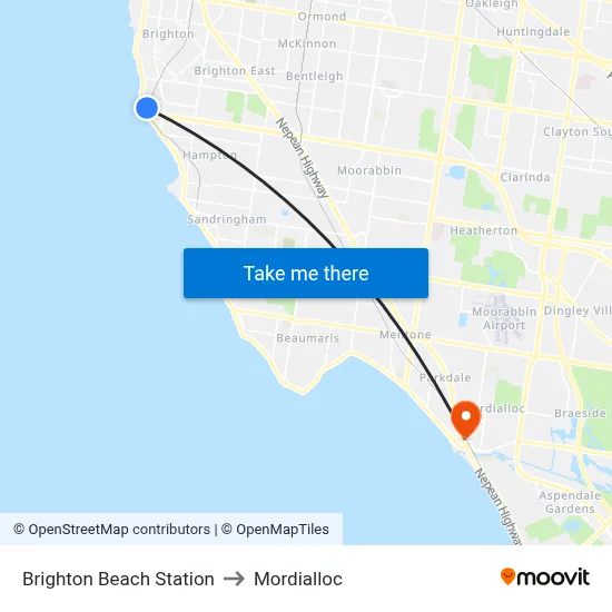Brighton Beach Station to Mordialloc map