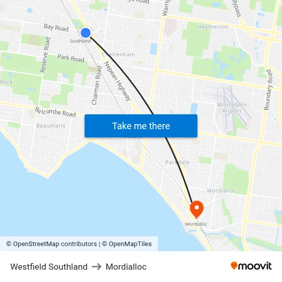 Westfield Southland to Mordialloc map