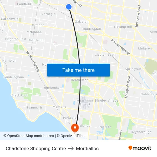 Chadstone Shopping Centre to Mordialloc map