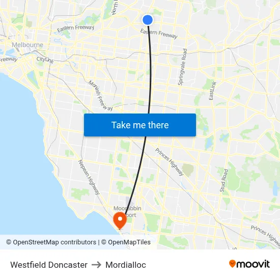 Westfield Doncaster to Mordialloc map