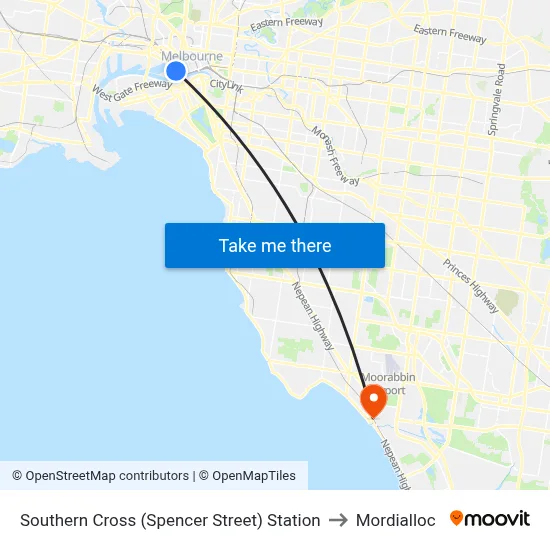 Southern Cross (Spencer Street) Station to Mordialloc map