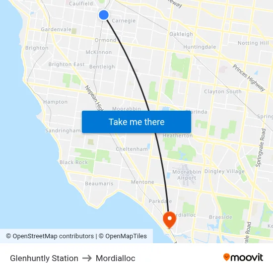 Glenhuntly Station to Mordialloc map