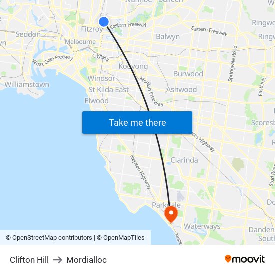 Clifton Hill to Mordialloc map