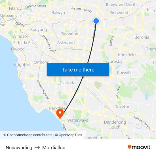 Nunawading to Mordialloc map