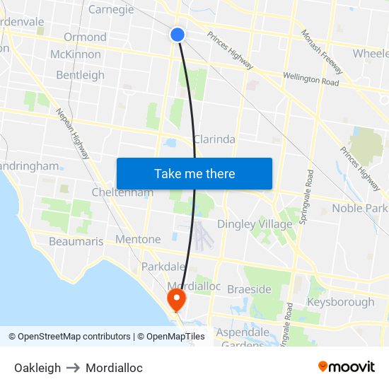 Oakleigh to Mordialloc map