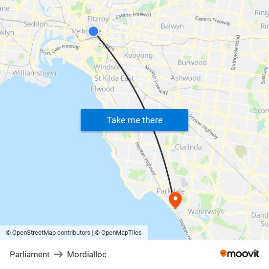 Parliament to Mordialloc map