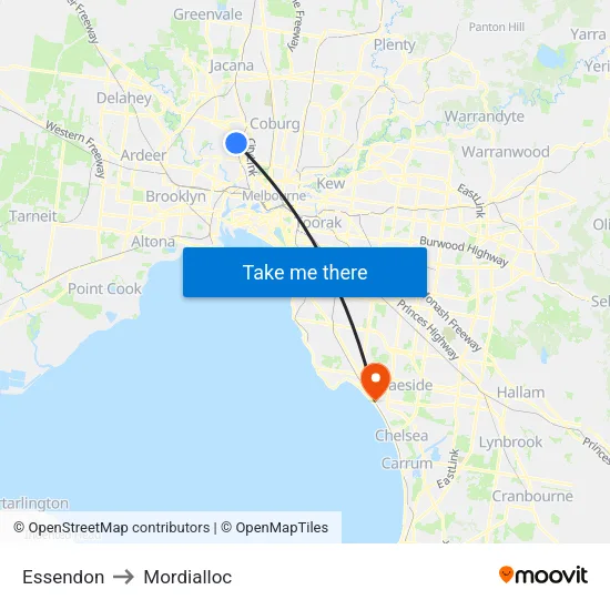 Essendon to Mordialloc map