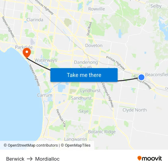 Berwick to Mordialloc map