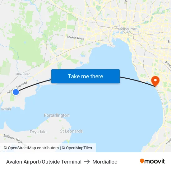 Avalon Airport/Outside Terminal to Mordialloc map