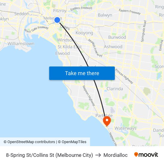 8-Spring St/Collins St (Melbourne City) to Mordialloc map