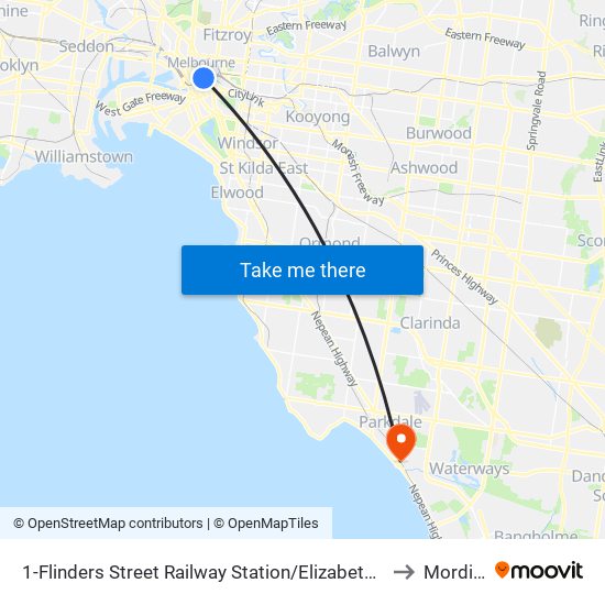 1-Flinders Street Railway Station/Elizabeth St (Melbourne City) to Mordialloc map