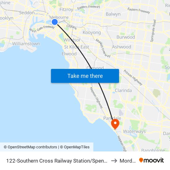 122-Southern Cross Railway Station/Spencer St (Melbourne City) to Mordialloc map