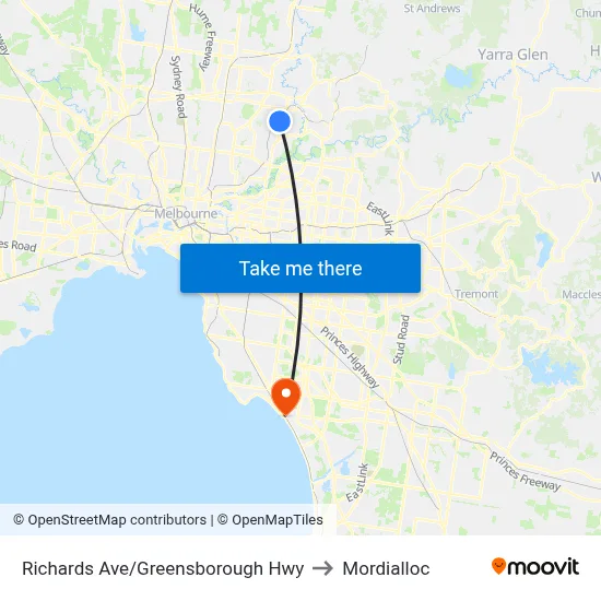Richards Ave/Greensborough Hwy to Mordialloc map