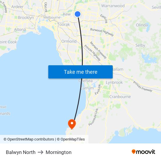 Balwyn North to Mornington map