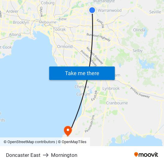 Doncaster East to Mornington map