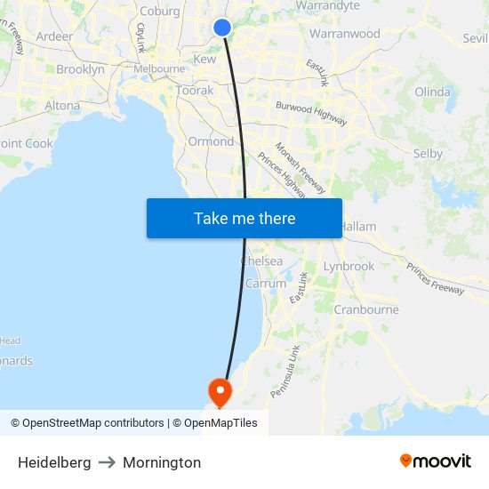 Heidelberg to Mornington map