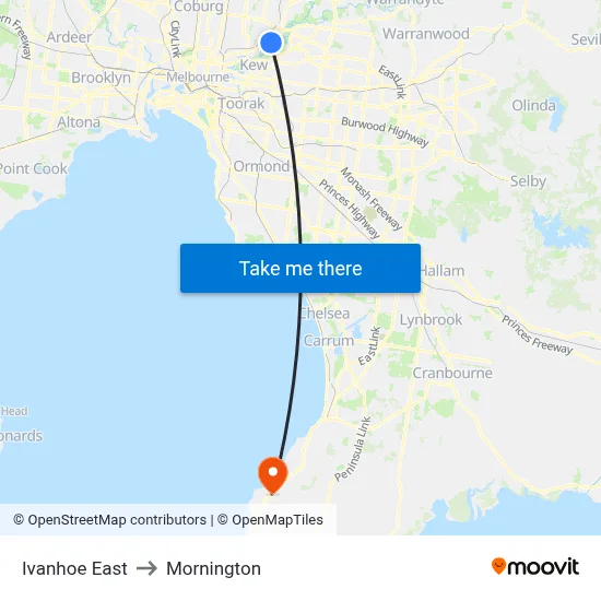 Ivanhoe East to Mornington map