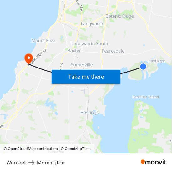 Warneet to Mornington map