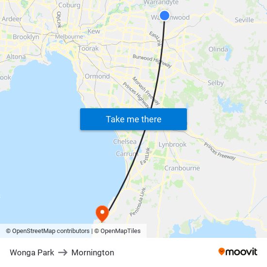 Wonga Park to Mornington map