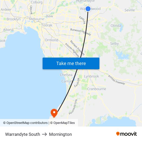 Warrandyte South to Mornington map