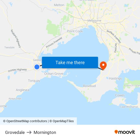 Grovedale to Mornington map