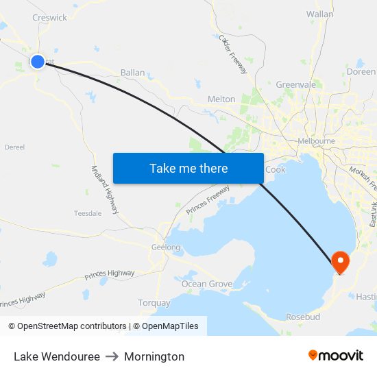 Lake Wendouree to Mornington map