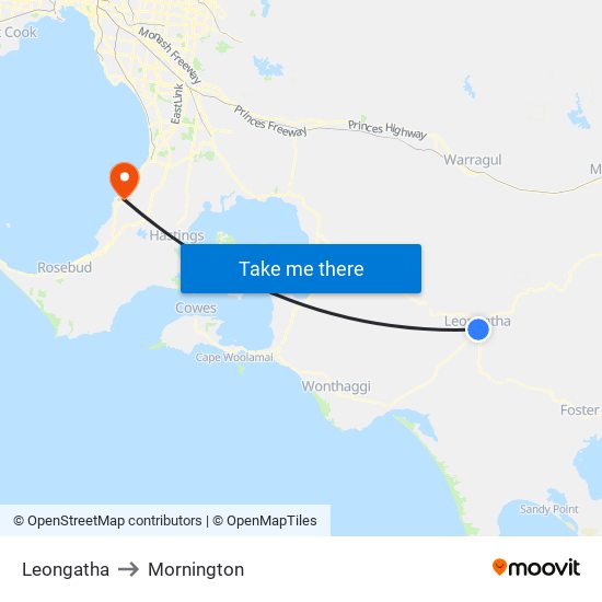 Leongatha to Mornington map