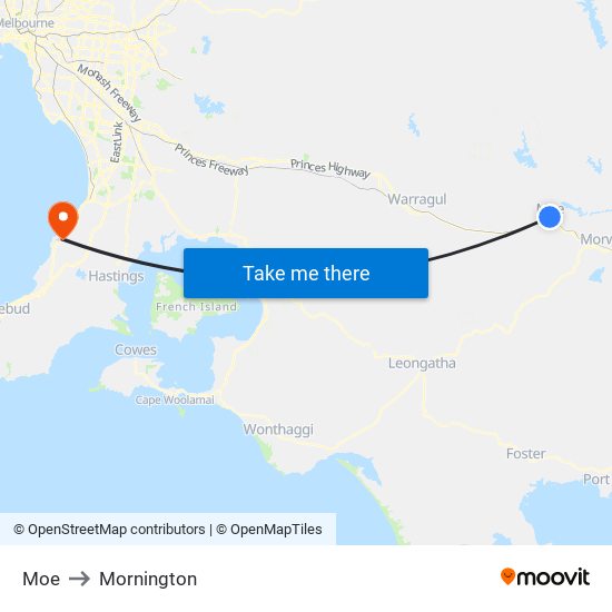 Moe to Mornington map