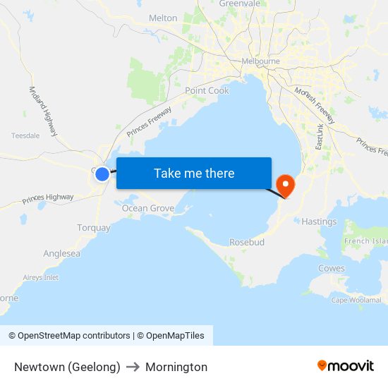 Newtown (Geelong) to Mornington map