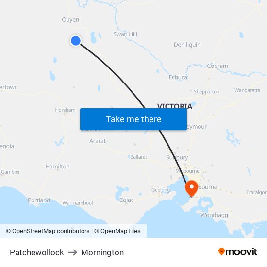 Patchewollock to Mornington map